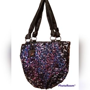 EUC Simply Vera Sequined Bag Silver & Black Ribbon Handles